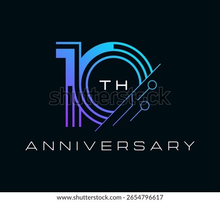 10 Years Anniversary with technology element design vector illustration. Unique 10 years logo design template. In purple blue color.