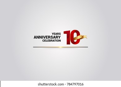 10 Years anniversary using red elegant number isolated on white background, with golden ribbon ca be use as celebration event logo