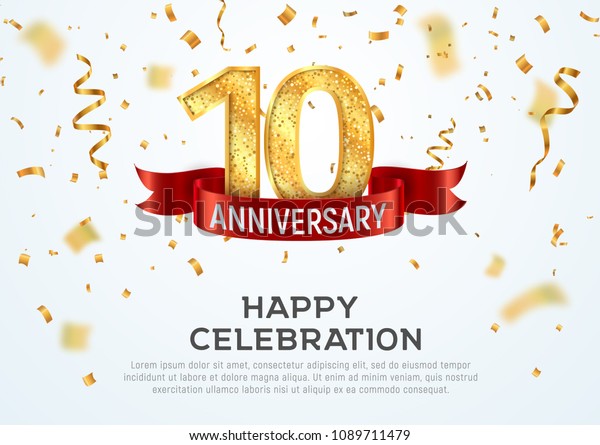 10 years\
anniversary vector banner template. Tenth year jubilee with red\
ribbon and confetti on white\
background