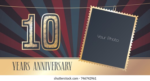 10 years anniversary vector emblem, logo in vintage style. Template design, greeting card with photo frame collage on retro  background for 10th anniversary