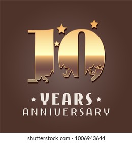 10 years anniversary vector icon,  logo. Graphic design element with  golden metal effect numbers for 10th anniversary decoration 