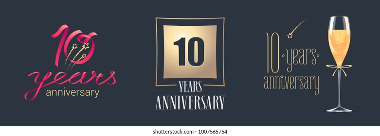 10 years anniversary vector icon,  logo set. Festive design element with  golden numbers and champagne for 10th anniversary celebration 