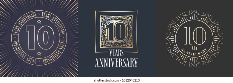 10 years anniversary vector icon,  logo set. Graphic round gold color design elements for 10th anniversary banner 