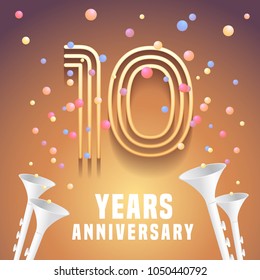 10 years anniversary vector icon,   symbol. Graphic design element with festive background and horns  for 10th anniversary 