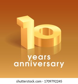 10 years anniversary vector icon, logo. Square design element with 3D golden number on isolated background for 10th anniversary