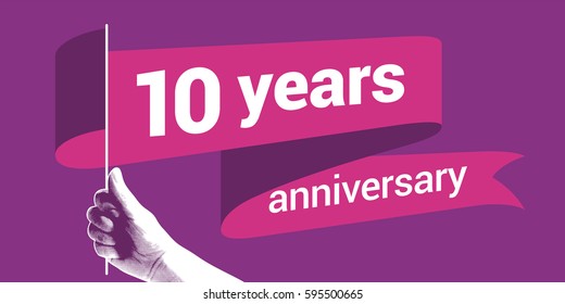 10 years anniversary vector icon,  logo. Graphic design element with wavy flag for decoration for 10th anniversary greeting card