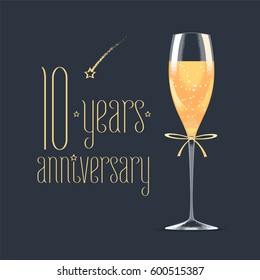 10 years anniversary vector icon,  logo. Graphic design element with golden lettering and glass of champagne for 10th anniversary greeting card