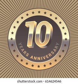 10 years anniversary vector icon,  logo. Graphic design element or emblem as a golden medal for 10th anniversary