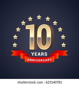 10 years anniversary vector icon,  logo. Graphic design element with  golden 3D numbers for 10th anniversary decoration