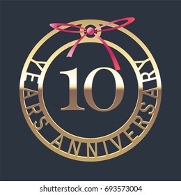10 years anniversary vector icon,   symbol. Graphic design element or logo with golden medal and red ribbon for 10th anniversary