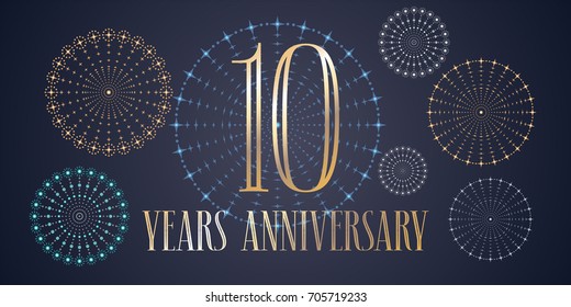 10 years anniversary vector icon, logo. Template design, banner  with fireworks for 10th anniversary greeting card, can be used as decoration element