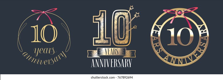 10 years anniversary vector icon,  logo set. Graphic design element with  golden numbers for 10th anniversary celebration 