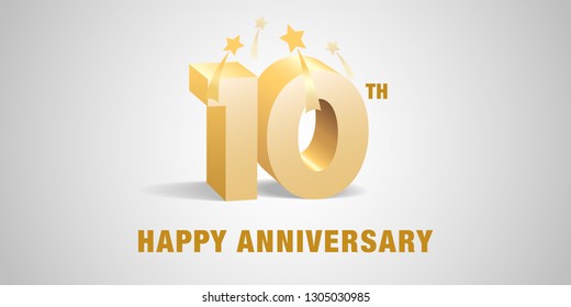 10 years anniversary vector logo, icon. Template banner, symbol with 3d golden numbers for 10th anniversary greeting card 