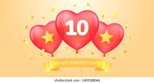 10 years anniversary vector logo, icon. Template banner with hot air balloons for 10th anniversary greeting card 