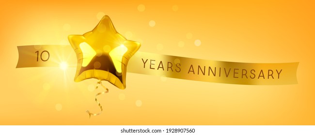 10 years anniversary vector logo, icon. Graphic symbol with golden color balloon for 10th anniversary greeting card