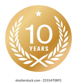 10 years anniversary vector logo, icon. Graphic element with golden color medal for 10th anniversary greeting card