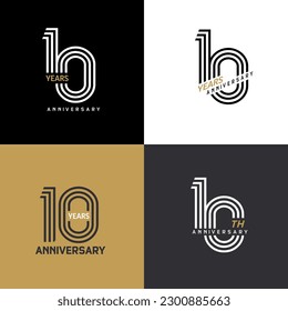 10 years anniversary vector number icon, birthday logo label, black, white and colors stripe number