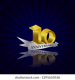 10 years anniversary Vector Template Design with golden color and silver ribbon isolated on blue sunburst background illustration for celebration event - Vector