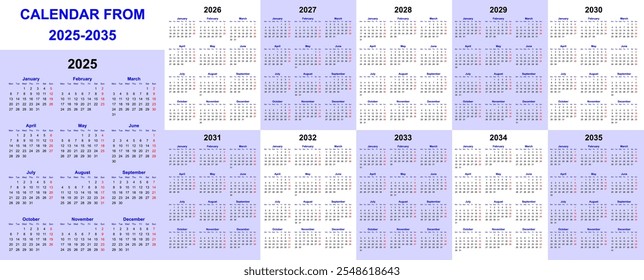 Calendario de más de 10 años de 2025 a 2035. colección de calendarios simples.