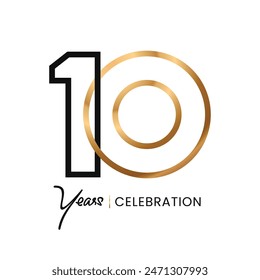 10 years Celebration minimalist line Gold logo abstract Design. Anniversary luxury style. Vector number for icon, label, insigna, seal, tag, sign, seal, symbol, badge, stamp, sticker, emblem, etc.