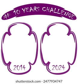 10 years challenge. Purple frames 2014 2024. Hashtag sign. Vector graphic.