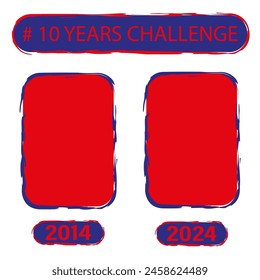 10 Years Challenge Vector concept. 2014 vs 2024 comparison. Social media trend illustration. Bold red and blue design.