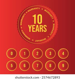 10 years circle warranty label icon badge design with red background customized 