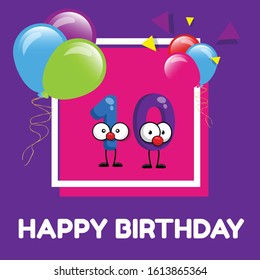 10 years - cute birthday card. funny charakter number.birthday balloons