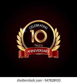 Logotipo de celebração de aniversário de 10 anos de ouro com fita vermelha, isolada em fundo escuro