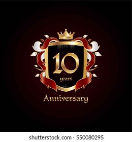 10 Years Gold Anniversary Logo Using Heraldic Theme, Colorful and Isolated on white background