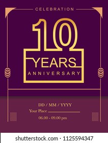 10 years golden anniversary design line style with square golden color for anniversary celebration event.
