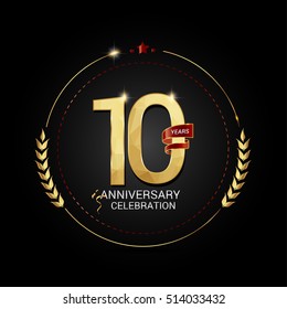 10 years golden anniversary logo with red ribbon, low poly design number, isolated on black background