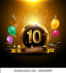 10 years golden anniversary logo celebration with ring, ribbon, firework, and balloon