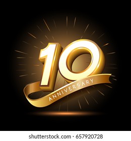 10 years golden anniversary logo celebration with firework and ribbon