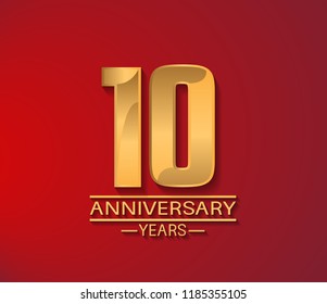 10 years golden shiny anniversary simple design with red background. Vector template for company celebration event, greeting card and invitation card
