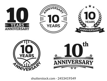 10 years icon or logo set. 10th anniversary celebrating sign or stamp. Jubilee, birthday celebration design element. Vector illustration.