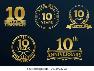 10 years icon or logo set. 10th anniversary celebrating golden sign or stamp. Jubilee, birthday celebration design element. Vector illustration.