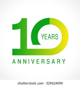 10 years old celebrating logotype. Colored happy anniversary 10 th numbers. Creative greetings. Age symbol. Special prize, % off. Label idea. Isolated abstract graphic design template.