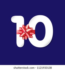 10 years old logotype. Numbers 10th favoured paper, white colour greetings, congratulating celebrating template. Isolated shape with shadow. Abstract digits of percent % off, graphic 0 internet emblem