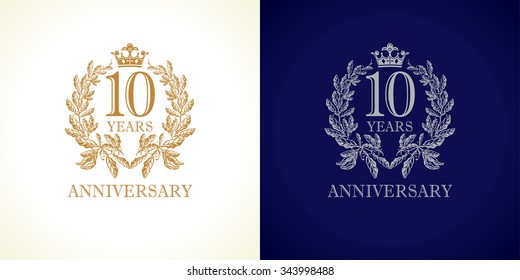 10 years old luxury logotype. Congratulating 10th numbers gold color template framed in palms. Isolated congrats design. Celebrating tradition ten in branches. Abstract 1st concept, first place of win