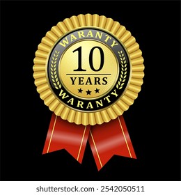 10 years powerful golden color warranty badge sign insignia symbol with stars and red ribbon on black background. Vector illustration.