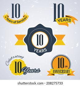 10 Years Of Service/ 10 Years / Celebrating 10 Years / 10th Anniversary - Set Of Retro Vector Stamps And Seal For Business