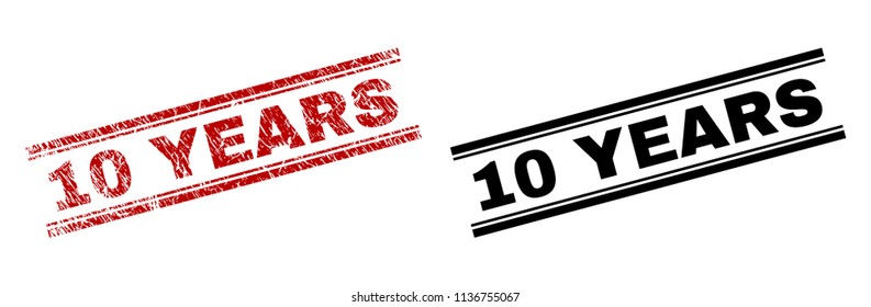 10 YEARS stamp seal print with red distress and clean black version. Red vector rubber print of 10 YEARS text with grunge texture. Labels are placed between double parallel lines.