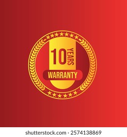 10 years warranty 3d gold badge with gold ribbon red background