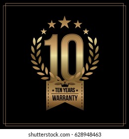 10 Years Warranty background with gold ribbon and olive branch on white. Poster, label, badge or brochure template. Vector illustration