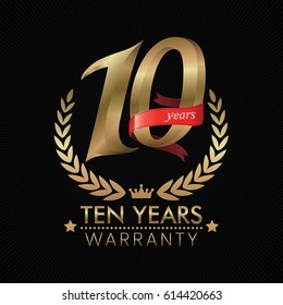 10 Years Warranty background with red ribbon. Poster, label, badge or brochure template. Vector illustration