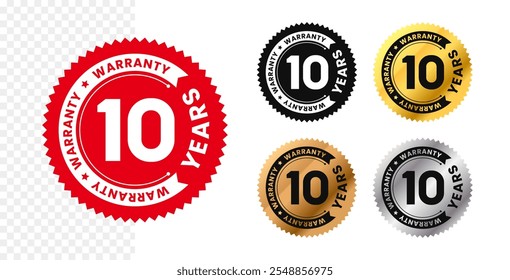 10 years warranty in circle. Ten years warranty with circular text. Red, black, gold, silver, bronze premium color. For sticker, label, badge, icon, sign, emblem, stamp, logo, seal, symbol. Vector