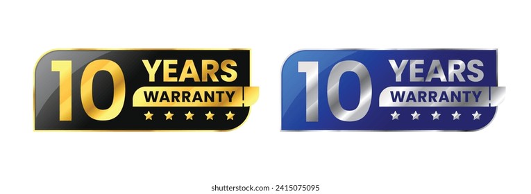 10 Years warranty label, badge, icon, logo. Parallelogram rhombus shape with gold and silver color. Vector Illustration