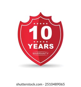 10 Years Warranty Label Design in Red and White Color,  Shield Badge Vector Illustrtation 