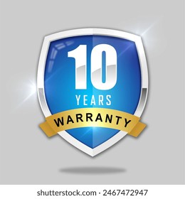 10 years warranty shield label icon badge design. blue and silver color. vector illustration eps 10